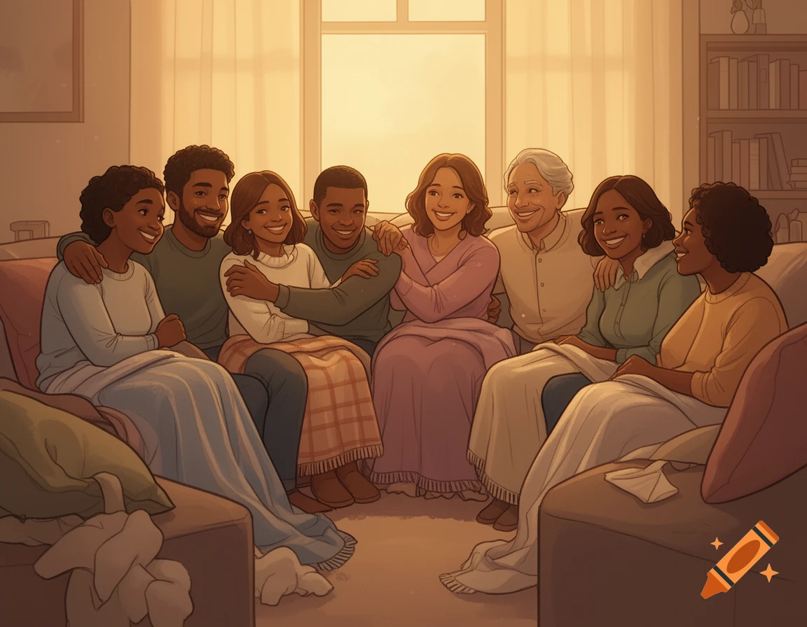An illustration of a diverse group of smiling people, possibly a family, sitting close together on sofas in a cozy living room with warm lighting.