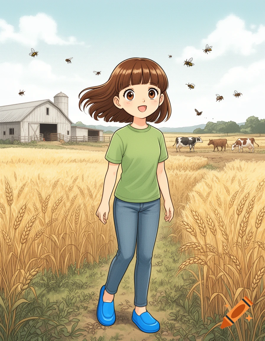 An anime girl with brown hair, a green shirt, and blue shoes stands in a wheat field on a farm with a barn and cows in the background under a blue sky.