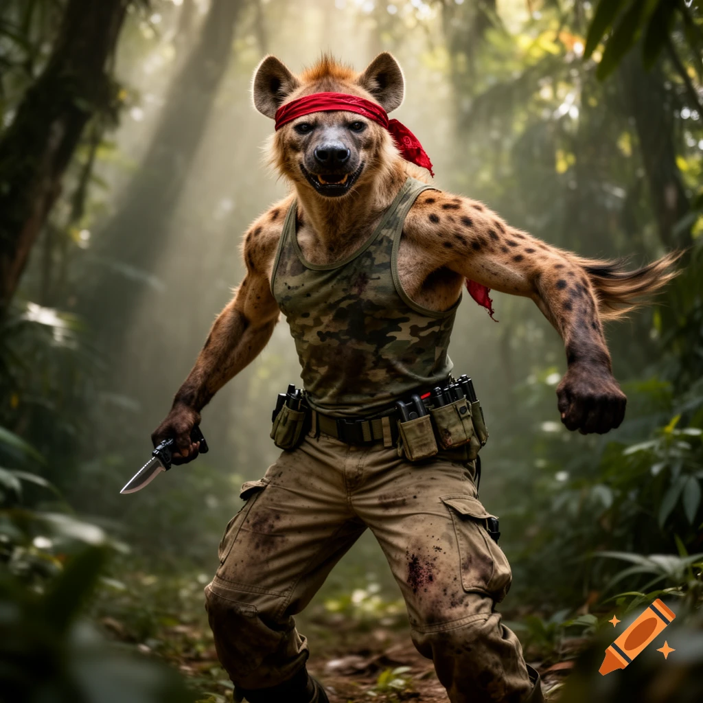 A photorealistic anthropomorphic hyena in military attire, with a red bandana and holding a knife, stands in a lush jungle.