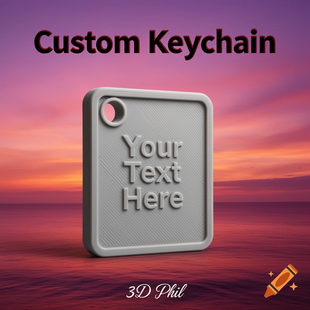 A 3D-rendered gray rectangular custom keychain with 'Your Text Here' embossed, set against a sunset ocean background. Text 'Custom Keychain' is at the top, '3D Phil' at the bottom.