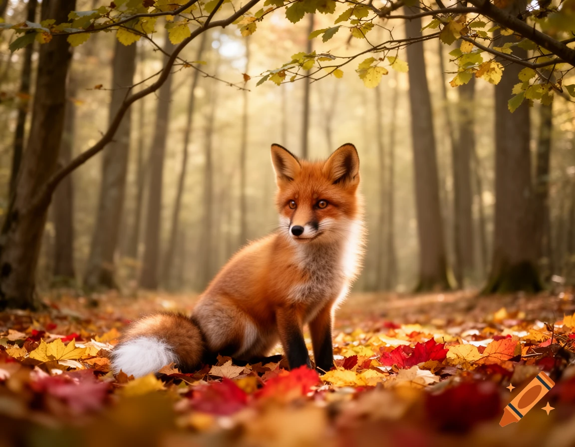 A fluffy red fox sits among colorful autumn leaves in a sunlit forest, looking toward the left. Photorealistic.