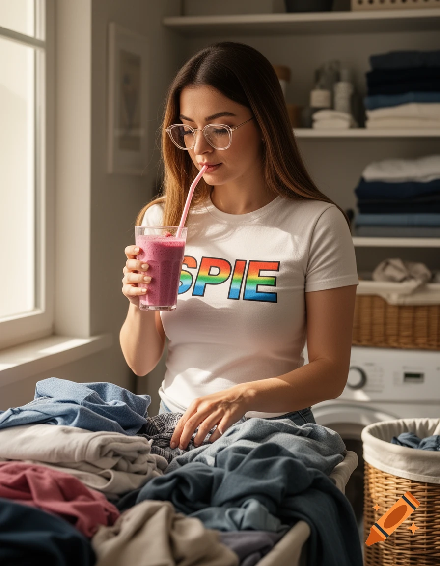 A woman in glasses and a 'SPIE' t-shirt drinks a pink smoothie with a straw while sorting clothes in a sunlit laundry room.