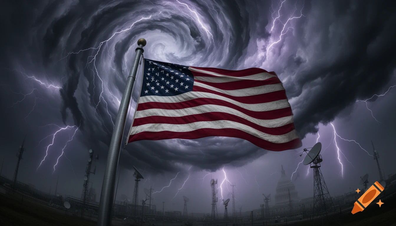 A weathered American flag waves under a dramatic, swirling storm sky with lightning strikes over a distant US Capitol building and communication towers.