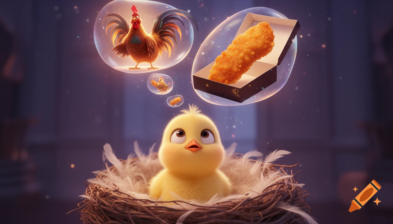 A cute yellow chick in a nest looks up at a dream bubble showing a proud rooster and a smaller bubble with a fried chicken tender. 3D animation style.