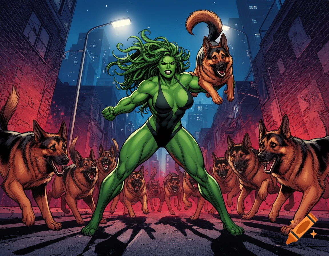 She-Hulk, a muscular green superheroine, fights a pack of aggressive German Shepherds in a dark city alley, holding one dog by its tail. Comic book style.