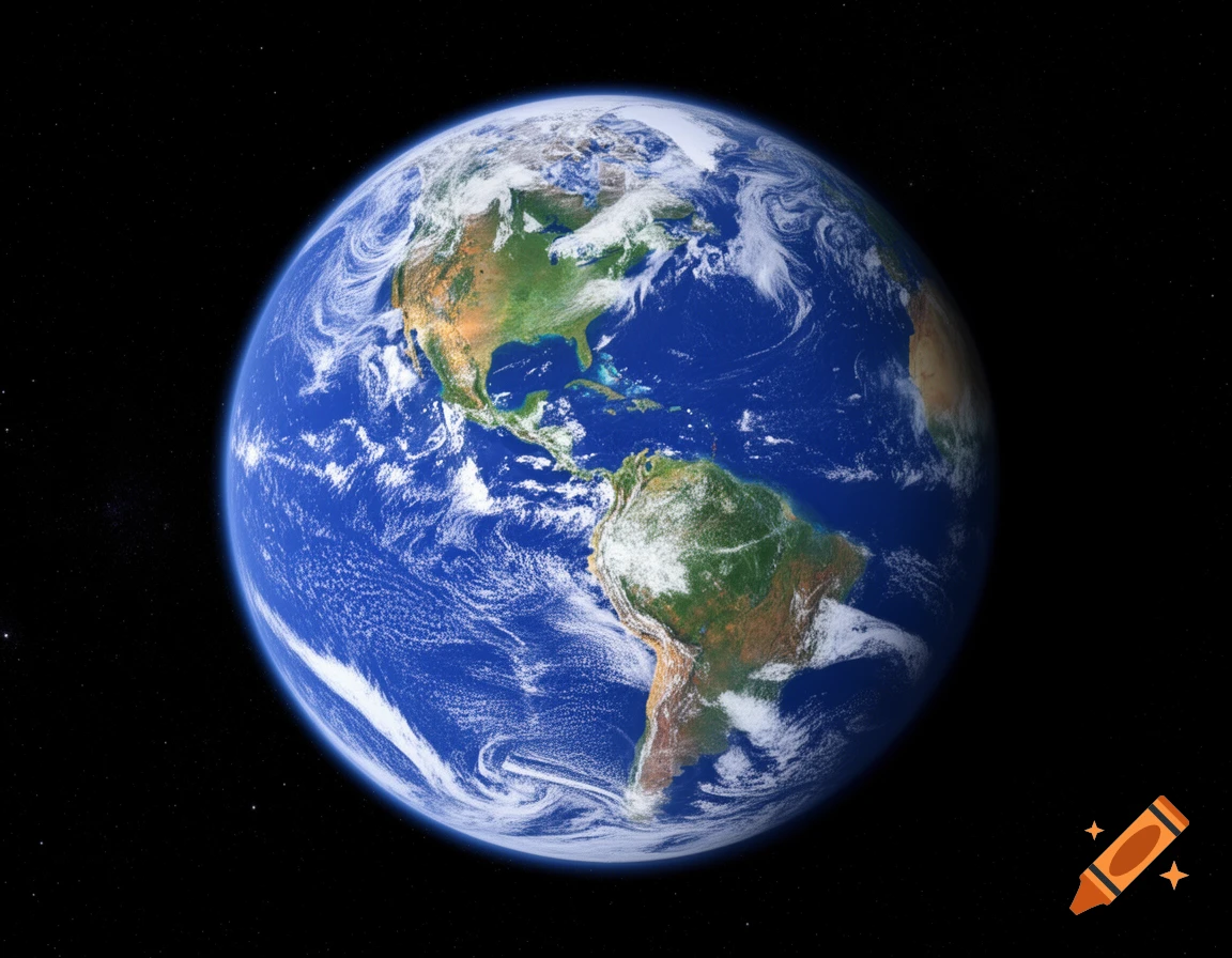 Photorealistic view of Earth from space, showing North and South America, swirling white clouds over blue oceans, and visible landmasses.