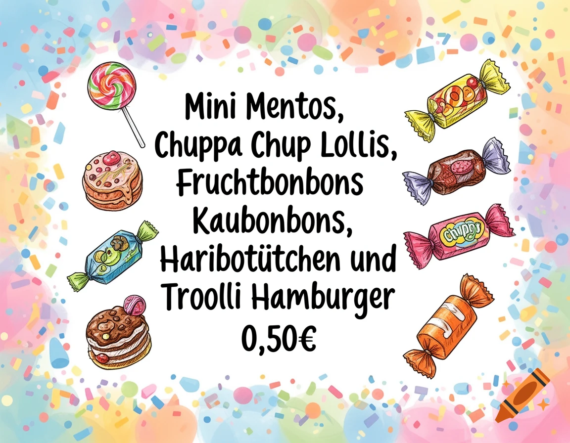 Whimsical illustration of various colorful candies and a price list, including Mini Mentos and Chupa Chup Lollis, on a confetti background.