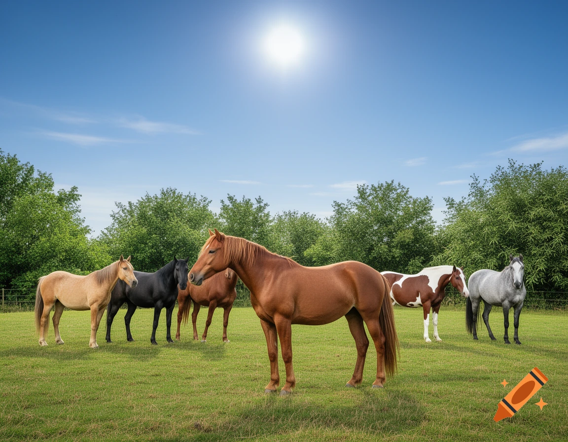 Several horses of different colors stand in a green field under a sunny blue sky with trees in the background.