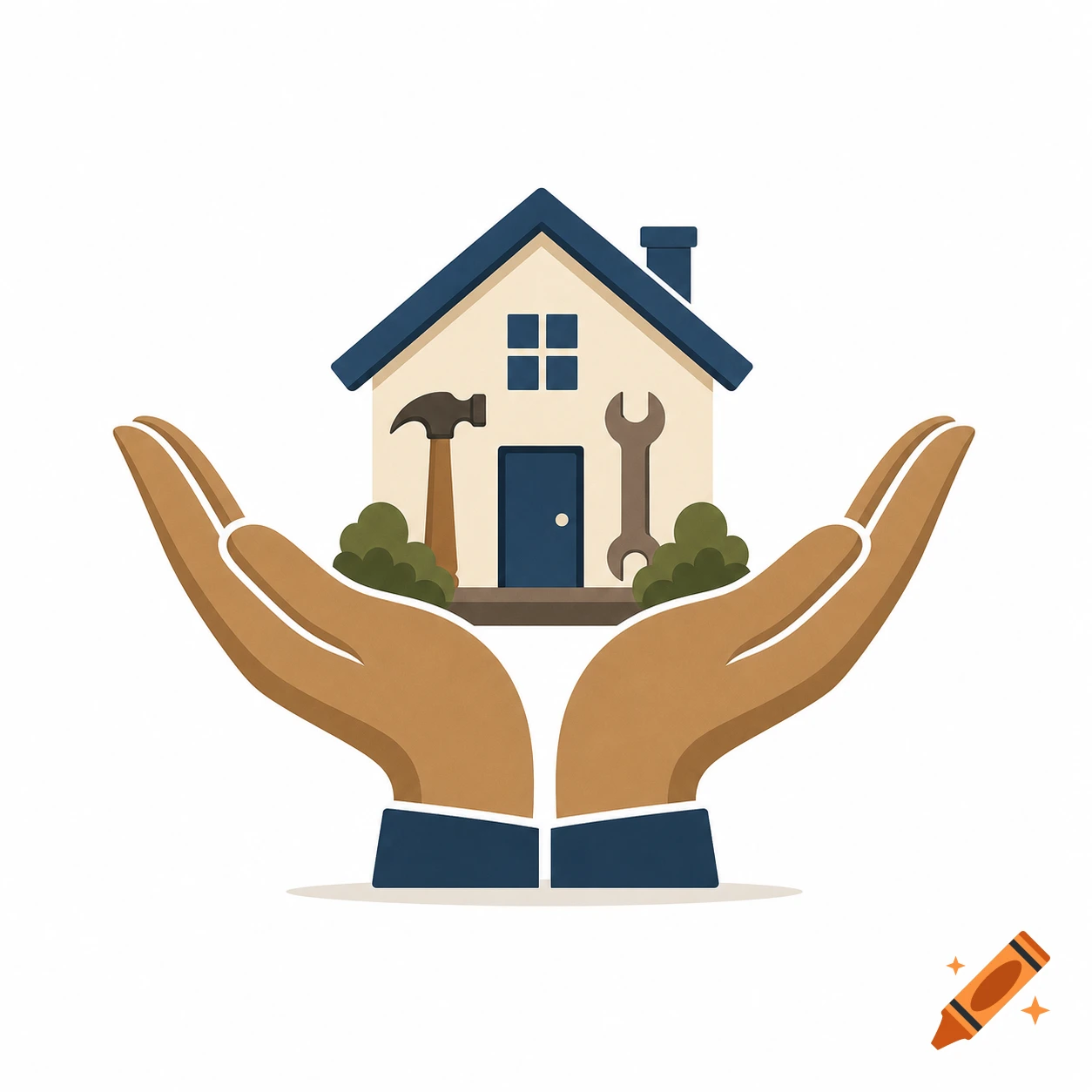 Stylized illustration of two hands cupping a house with a hammer and wrench, representing home repair or handyman services.