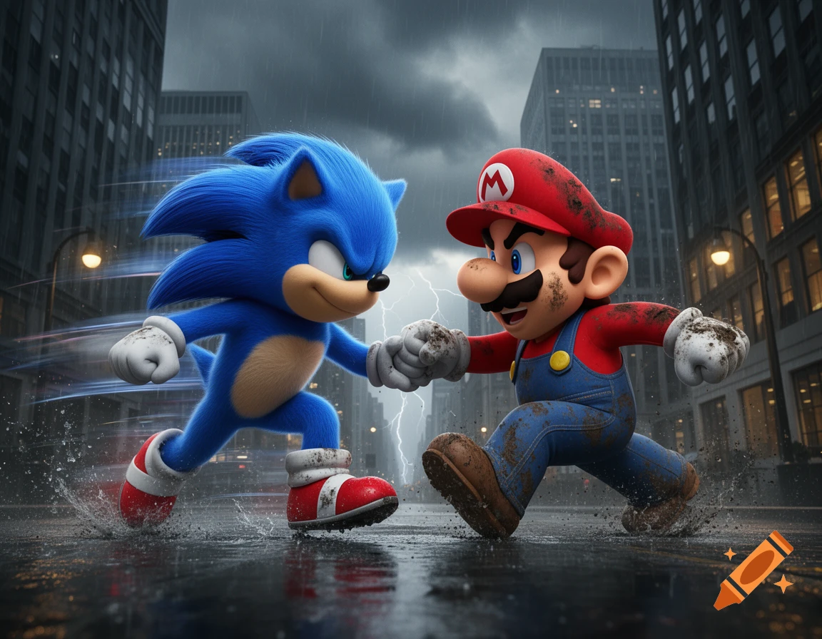 Sonic and Mario run towards each other in a rainy, lightning-filled city street, appearing to race or fight.