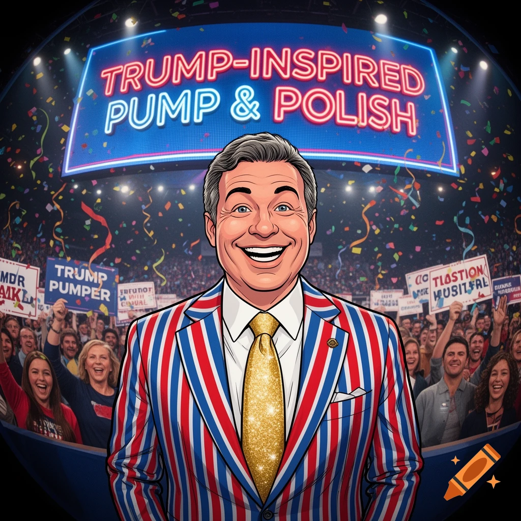 A smiling cartoon man in a red, white, and blue striped suit and golden tie stands before a cheering crowd under a neon sign reading "TRUMP-INSPIRED PUMP & POLISH."