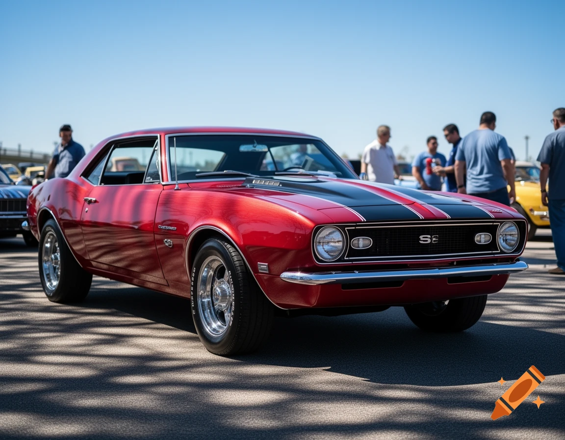 A photorealistic red 1967 Chevrolet Camaro with black racing stripes is parked outdoors under a clear blue sky.