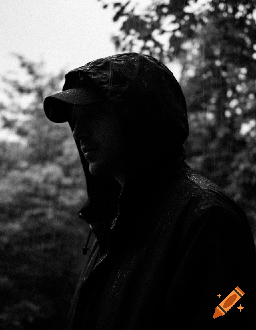 Grainy, black and white profile of a male silhouette in a hooded jacket and cap, face hidden in shadow, standing in the rain.
