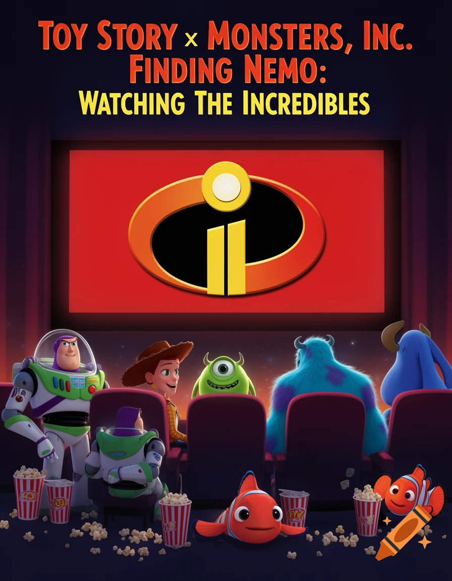 A poster with "TOY STORY x MONSTERS, INC. FINDING NEMO: WATCHING THE INCREDIBLES" above Pixar characters watching The Incredibles logo in a theater.