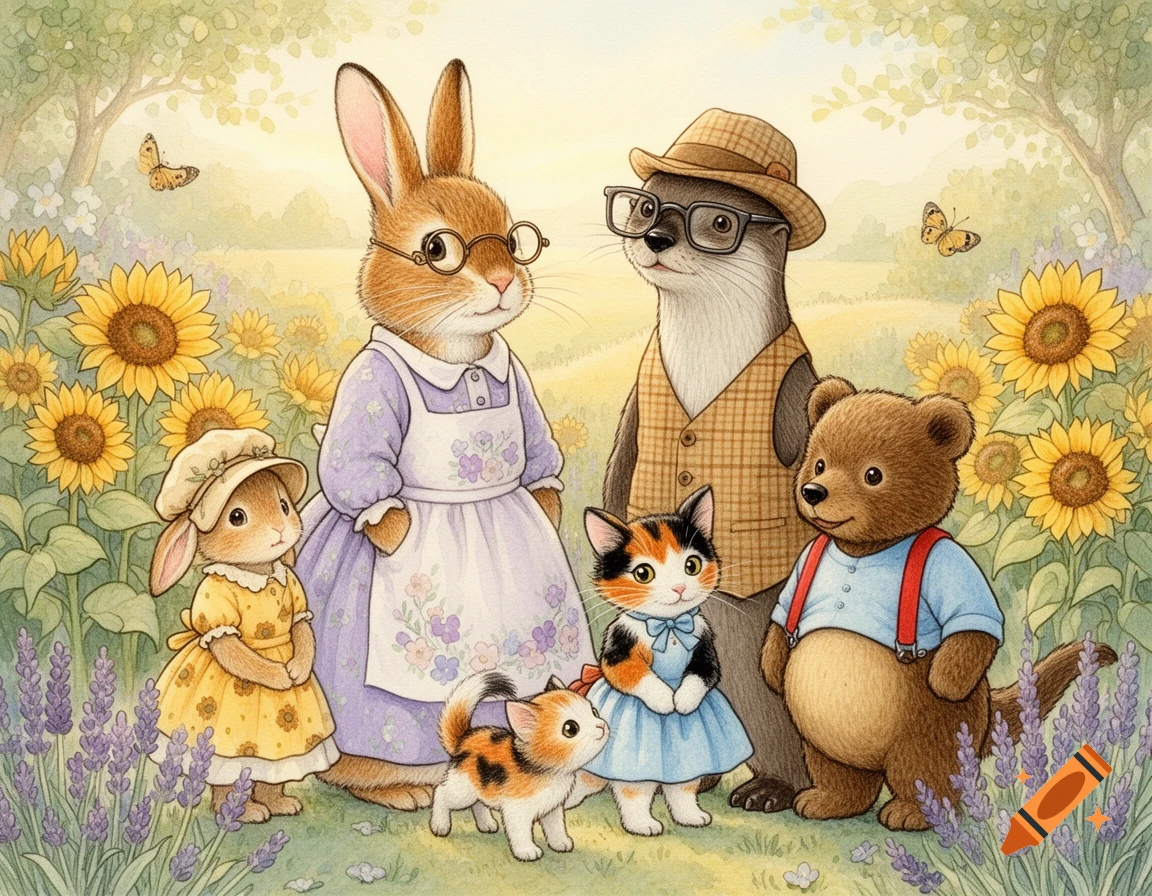 A Peter Rabbit-style illustration of an anthropomorphic rabbit mother, otter father, rabbit child, calico cat child, and bear child standing in a field of sunflowers and lavender.