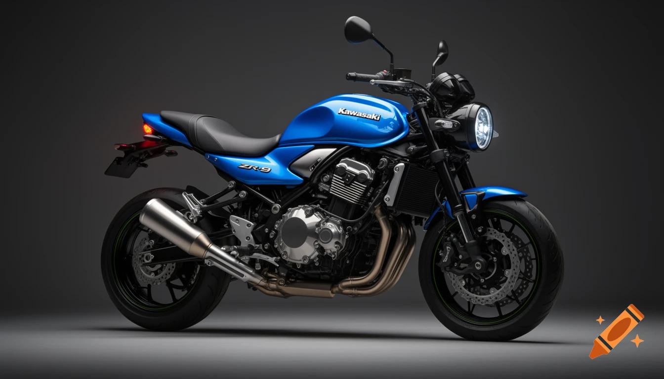 A photorealistic studio shot of a blue Kawasaki ZR-9 motorcycle with polished engine fins and a large exhaust pipe.