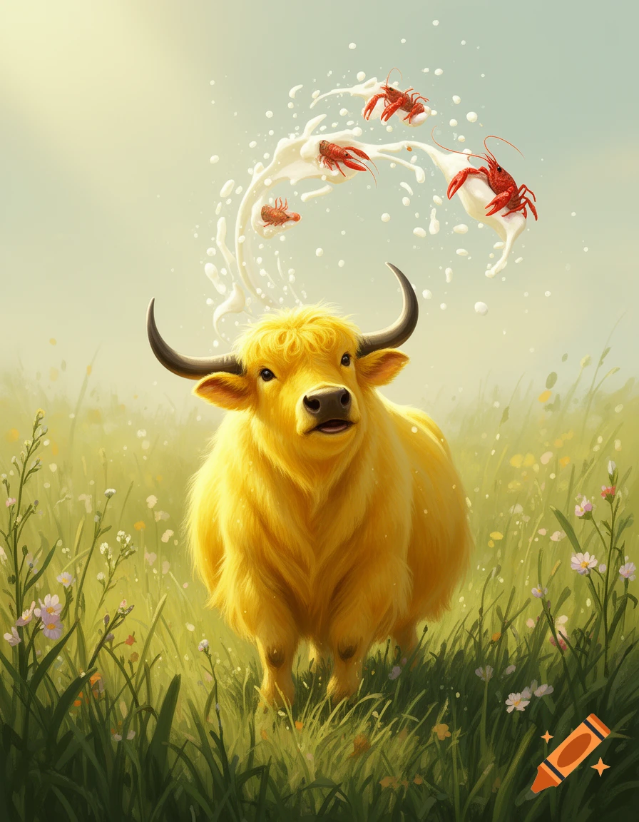 A fluffy yellow yak stands in a grassy field, looking up at red crayfish splashing in white liquid above its head.