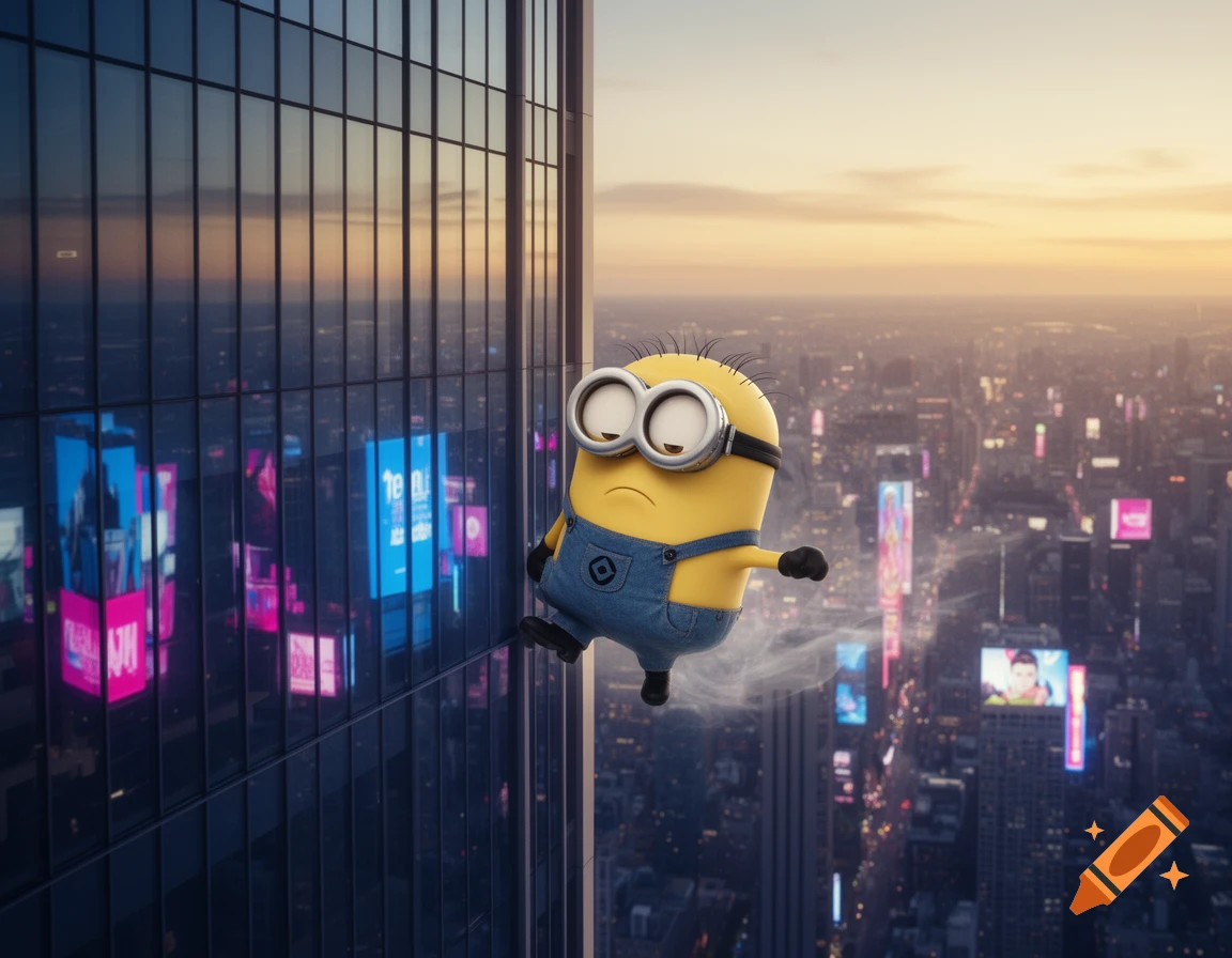 A pensive Minion jumps off a tall glass skyscraper overlooking a vast city at sunset.