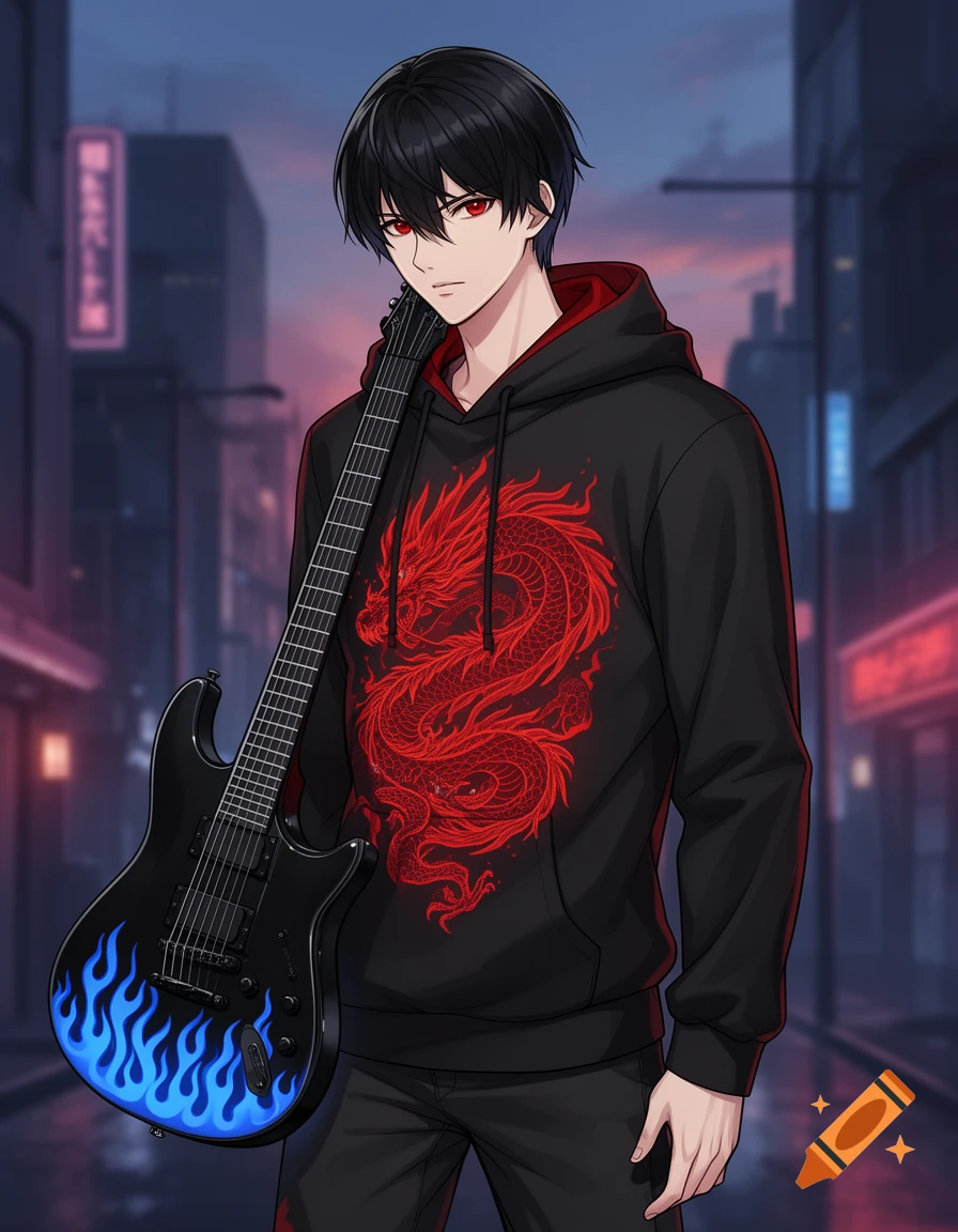 Anime male with black hair, red eyes, in a black hoodie with a red dragon, holding a black guitar with blue flames in a city at dusk.