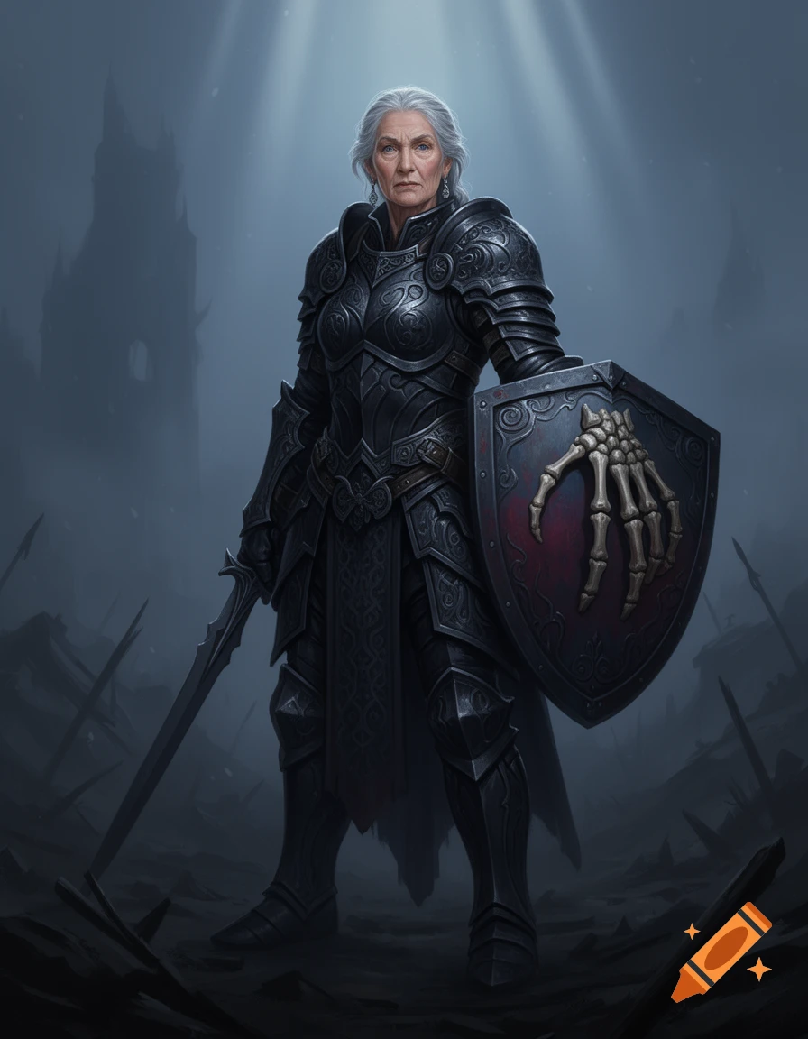 An older female warrior in dark, ornate armor stands in a gloomy battleground, holding a sword and a shield with a skeletal hand.