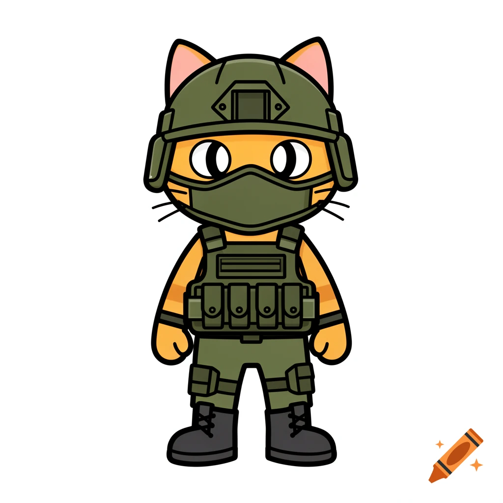 A cartoon orange cat character wearing a tactical soldier helmet, face mask, military vest, and boots, standing upright.
