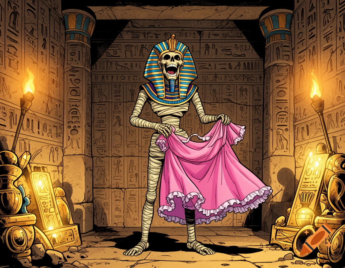 A comic-style mummy pharaoh skeleton in a torch-lit tomb holds a pink dress and laughs, surrounded by hieroglyphs.