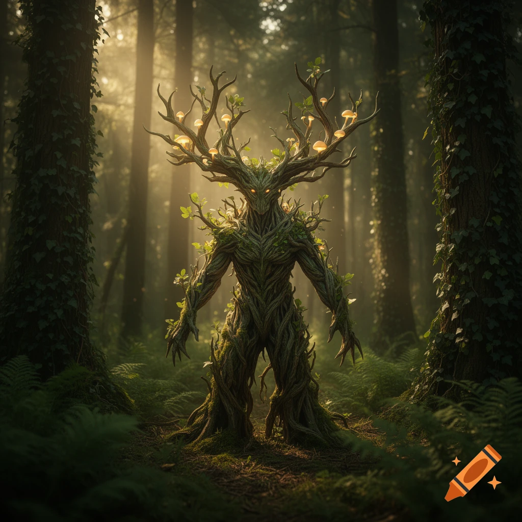 A majestic treant-like creature of roots, branches, and leaves, with glowing mushroom antlers, stands on a sunlit forest path.