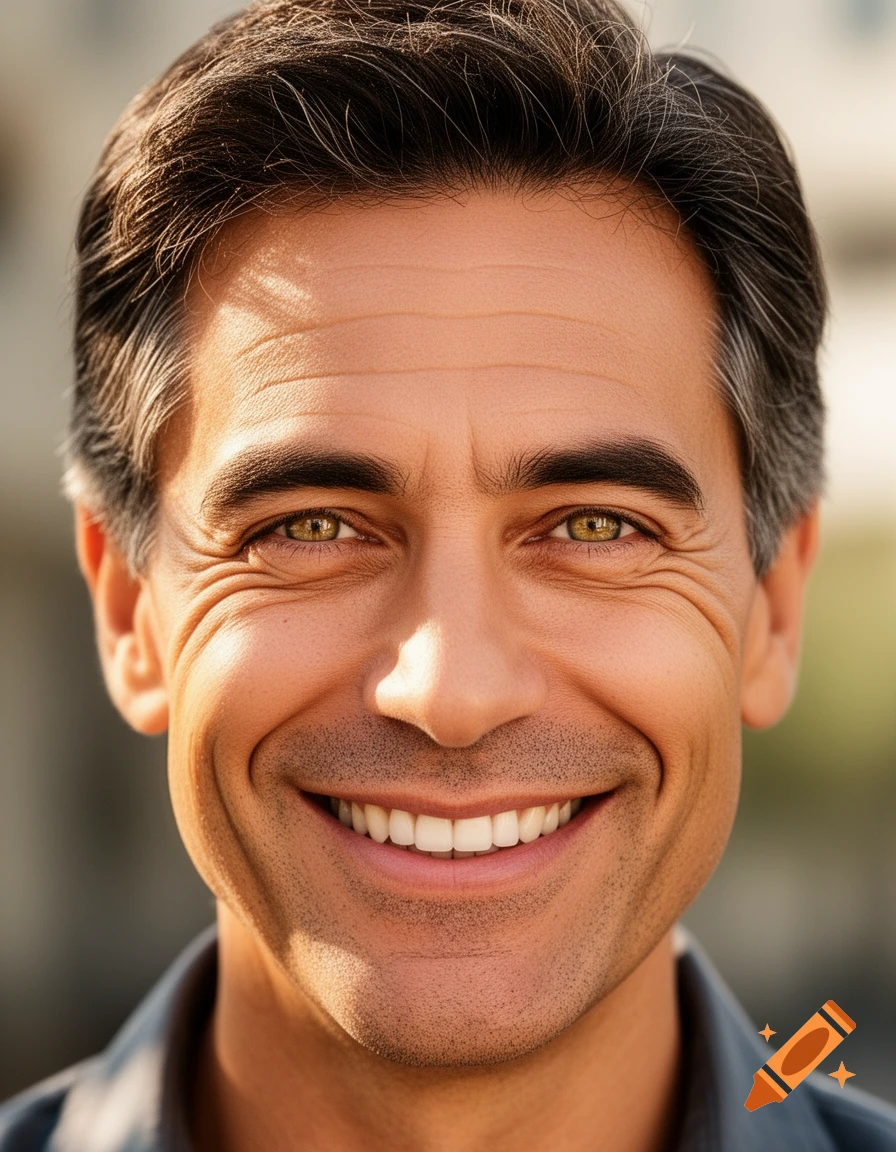 Close-up, smiling man with hazel eyes and brown hair with some gray strands, looking friendly.