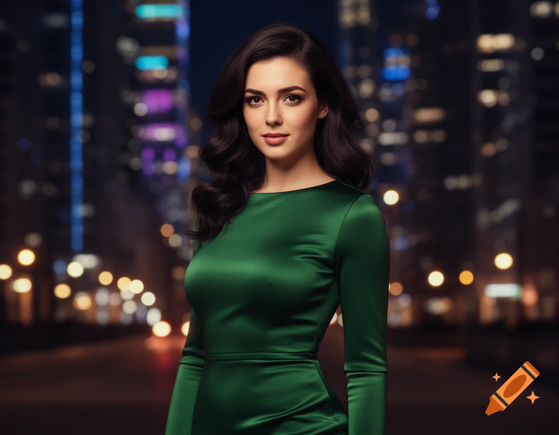 A beautiful woman with dark wavy hair in a form-fitting green satin dress stands against a blurred city night background, looking directly at the viewer.
