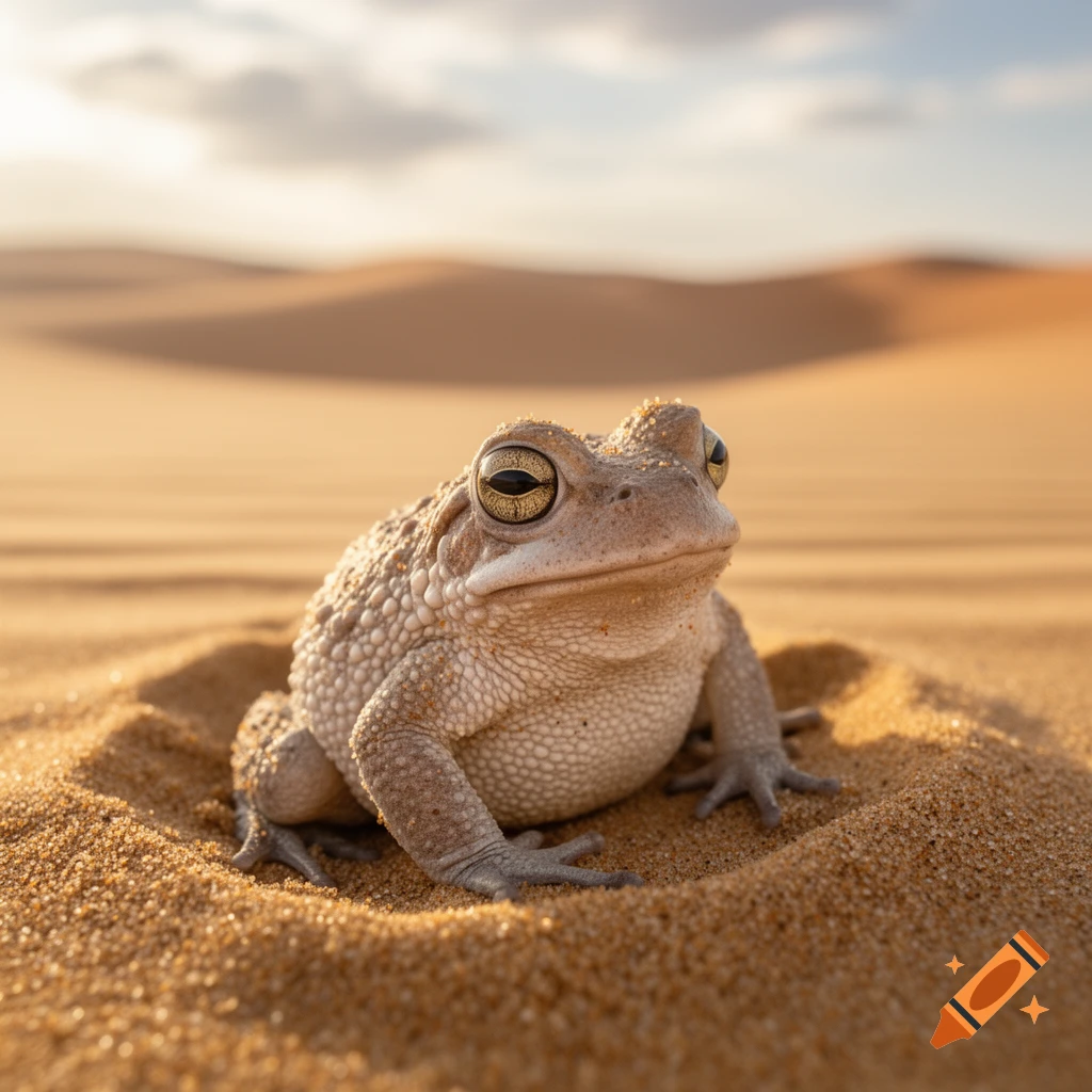 A close-up, photorealistic shot of a desert toad sitting in the sand with dunes under a soft sky.