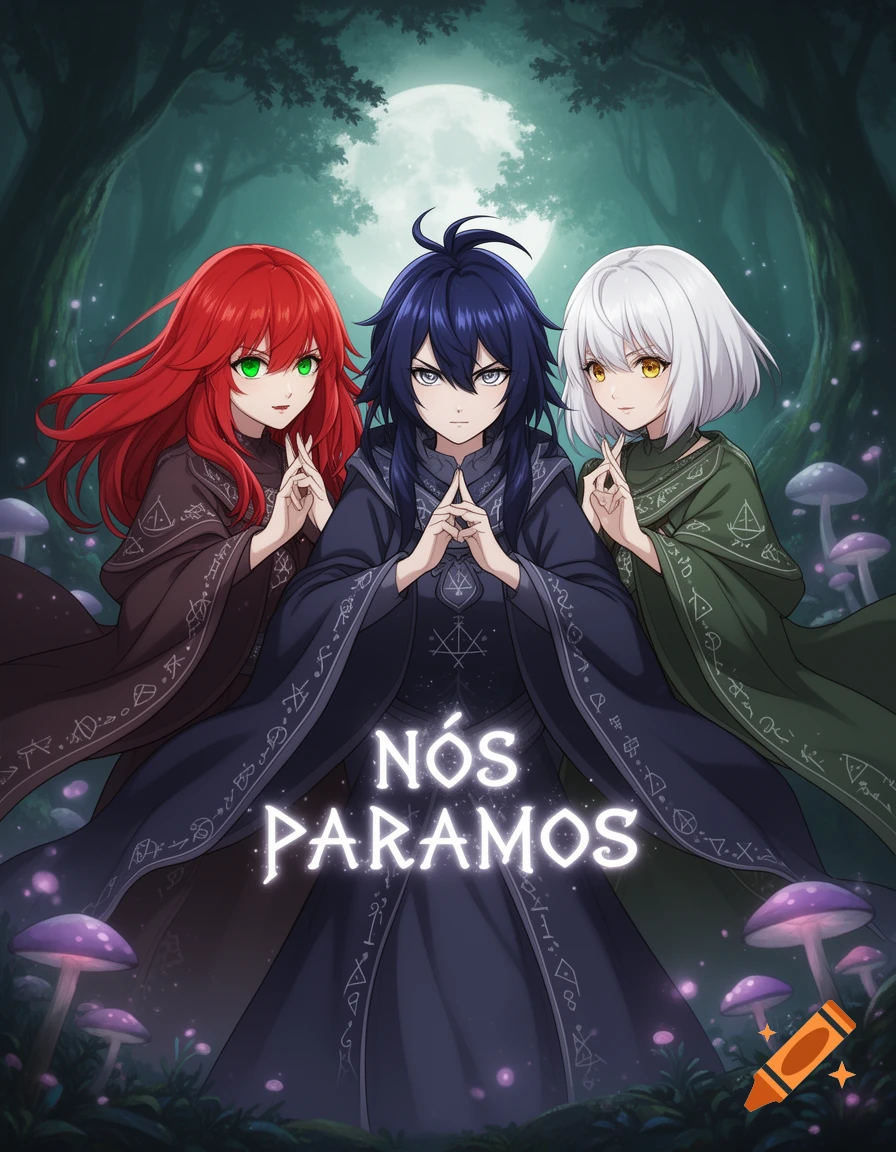 Three anime witches with red, blue, and white hair stand in a mystical forest with glowing mushrooms and text 'NÓS PARAMOS'.