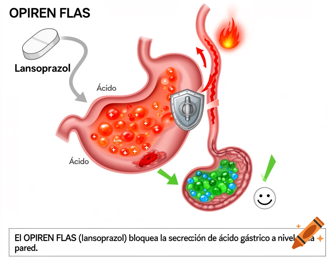 Diagram showing how Lansoprazol (Opiren Flas) reduces stomach acid and inflammation, featuring a pill, a shield, and a happy face.