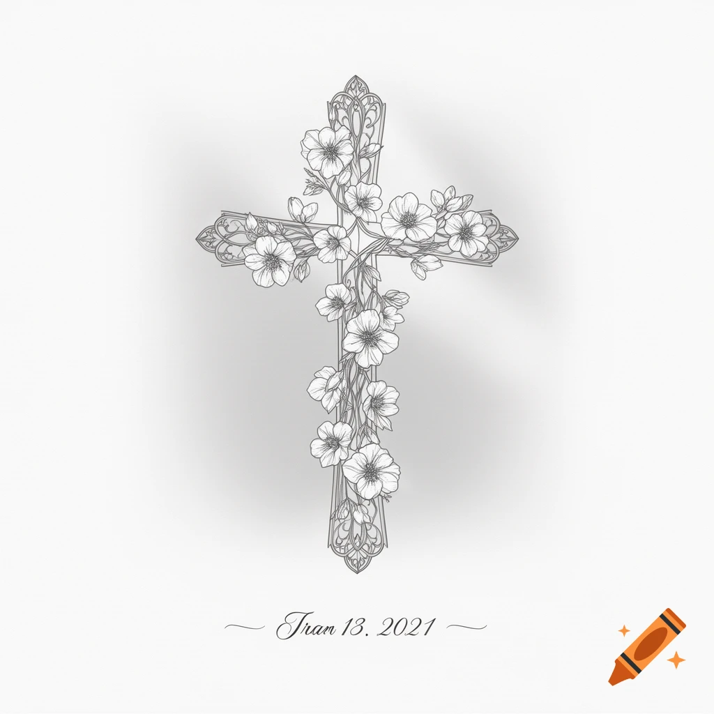 A detailed fineline drawing of an ornate cross adorned with delicate flowers, casting a subtle shadow on a light background. The text 'Tran 13. 2021' is inscribed below.