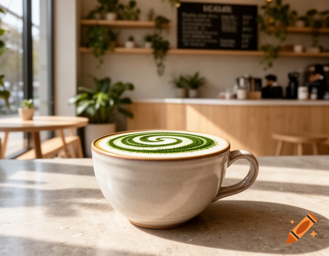 A close-up of a cup of matcha latte with a green spiral design on a stone table in a sunny cafe.