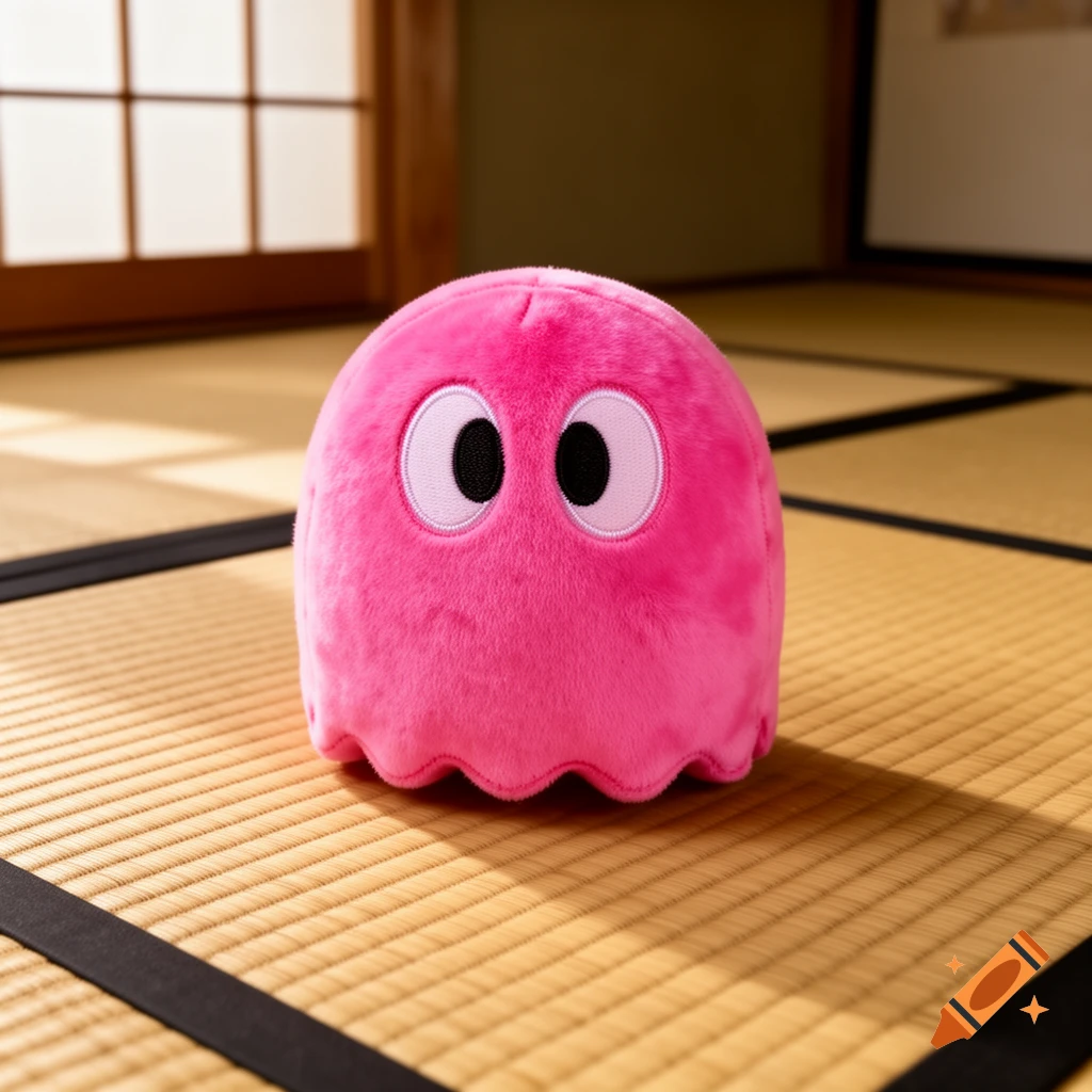 A pink plush toy of Pinky, the Pac-Man ghost, with large white eyes and black pupils, sits on a woven tatami mat.