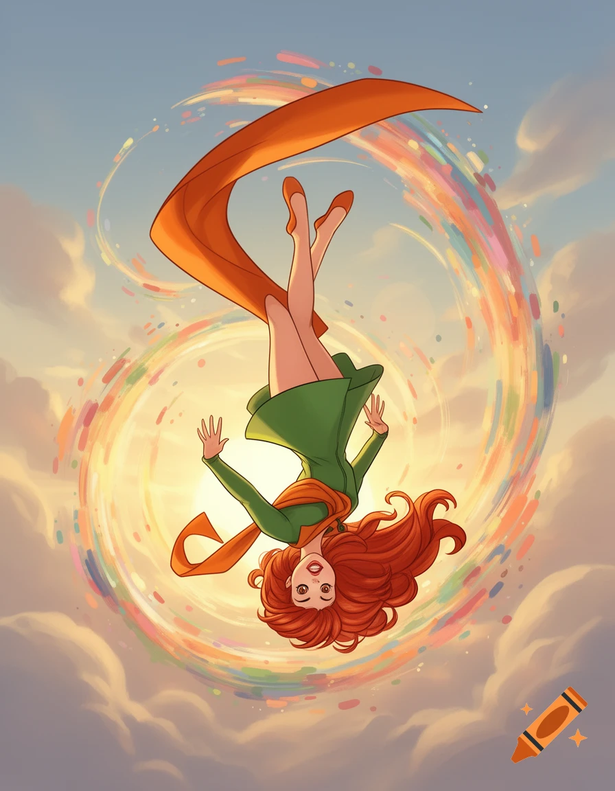 Cartoon of a red-haired woman in a green dress and orange scarf falling upside down through a colorful swirl in a cloudy sky.