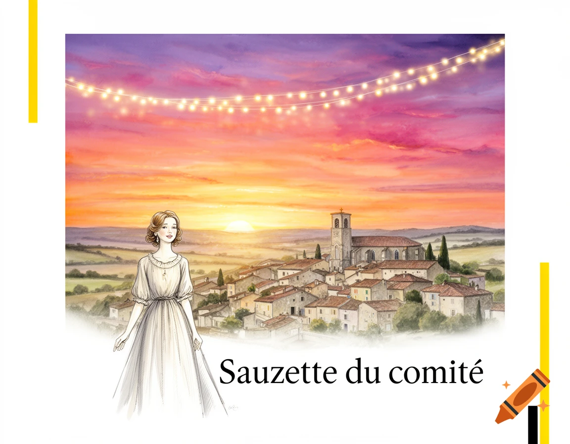 An illustration of a woman in a white dress standing before a village and sunset sky with string lights. Text reads "Sauzette du comit R ".