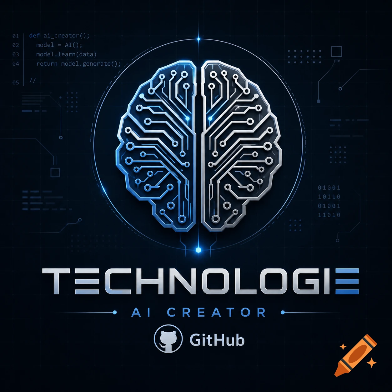 A stylized circuit board brain on a dark background, with code and 'TECHNOLOGIE AI CREATOR GitHub' text, representing AI technology.