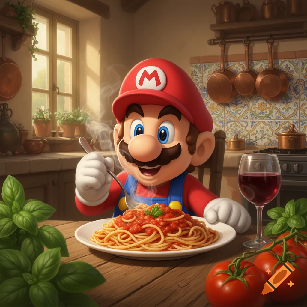 Mario happily eating a steaming plate of spaghetti in a rustic kitchen with basil, tomatoes, and a glass of red wine on the wooden table.
