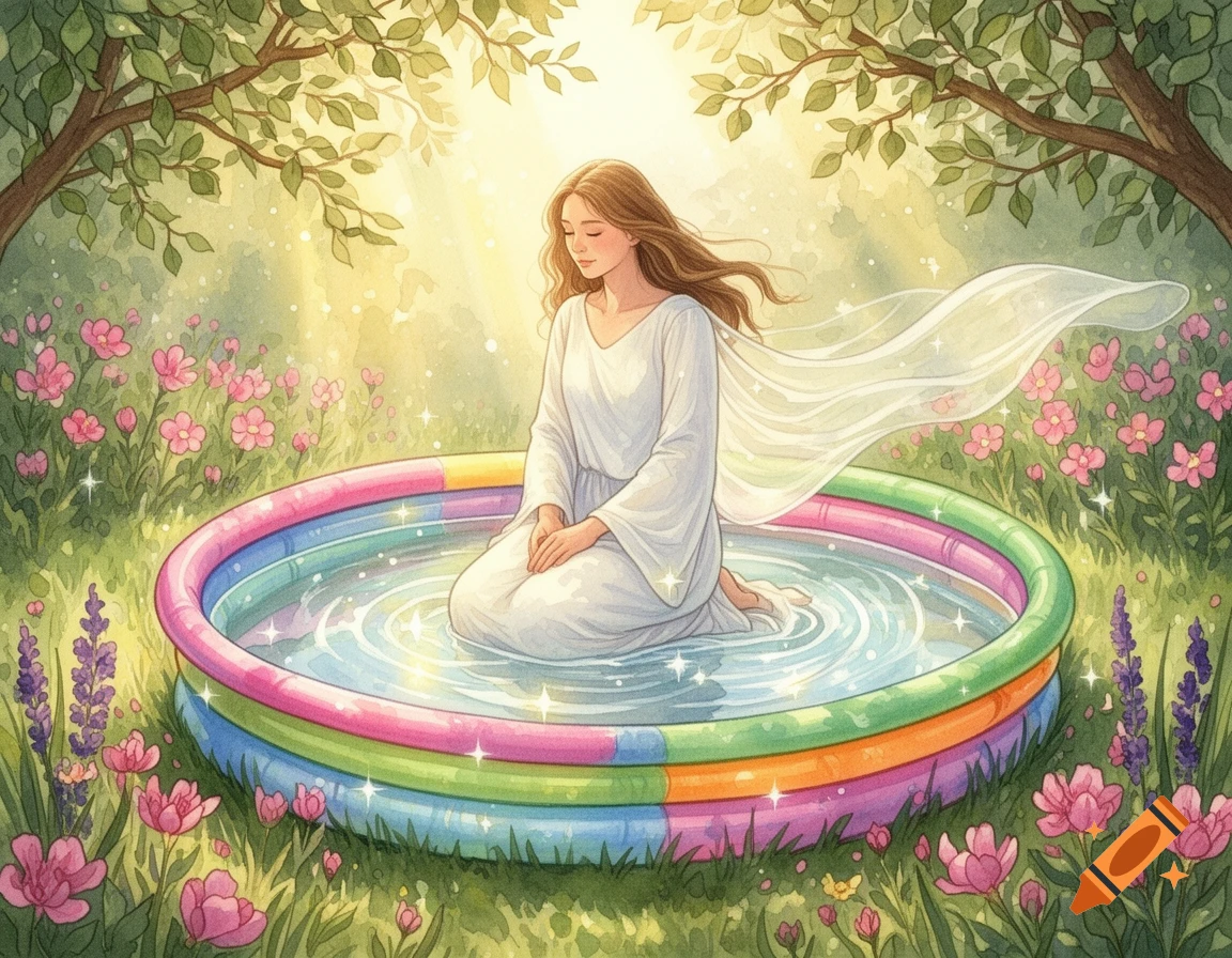 Watercolor illustration of a woman in a white dress kneeling in a colorful kiddie pool, surrounded by flowers and trees with sunlight.