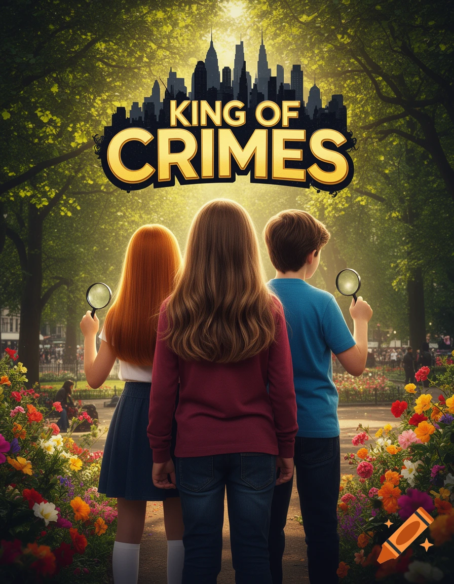 Three children, viewed from behind in a vibrant, flower-filled park, hold magnifying glasses, looking towards a city skyline with "KING OF CRIMES" text above, in a children's movie poster style.