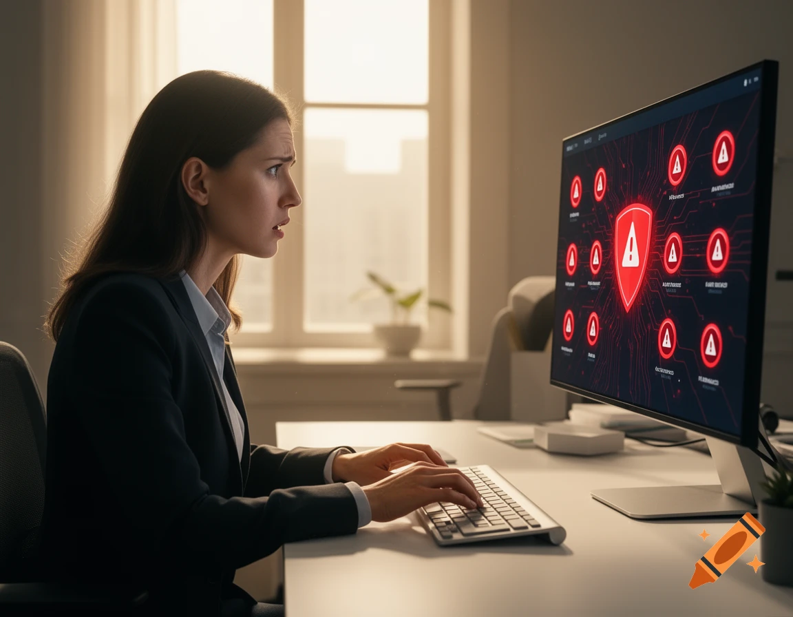 A woman in an office looks alarmed at a computer screen displaying red cybersecurity alert icons, suggesting a data breach. Photorealistic style.