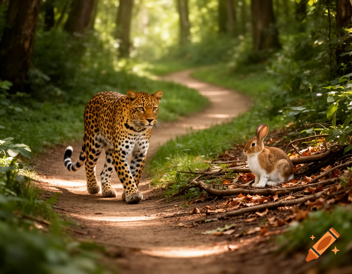 A photorealistic leopard walks on a winding forest path while a rabbit sits among leaves nearby.