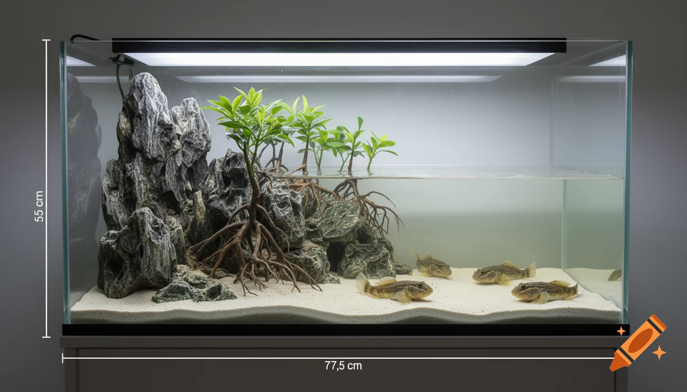 A realistic paludarium aquarium featuring rocks, plants, sand, and small fish in shallow water, with dimensions overlaid.