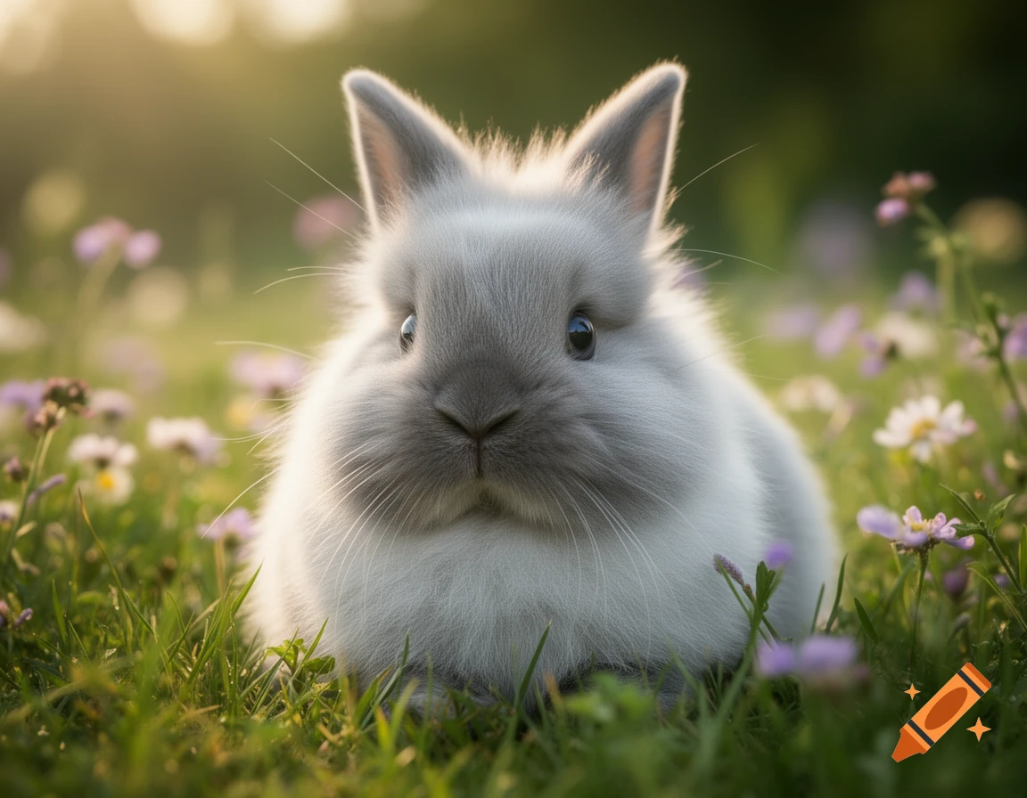 A fluffy grey and white rabbit sits in a sunlit grassy field with small purple and white flowers. Photorealistic style.