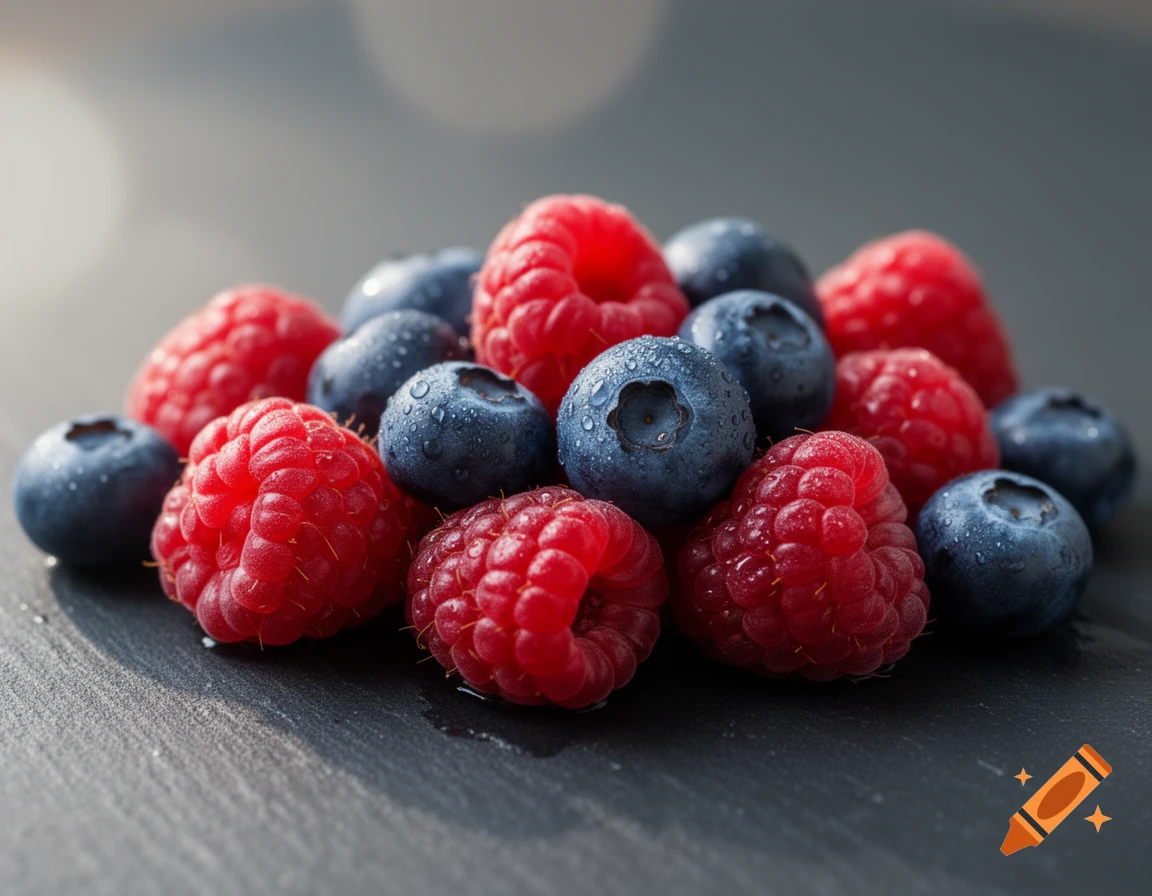 Close-up photorealistic image of fresh raspberries and blueberries with water droplets on a dark surface.