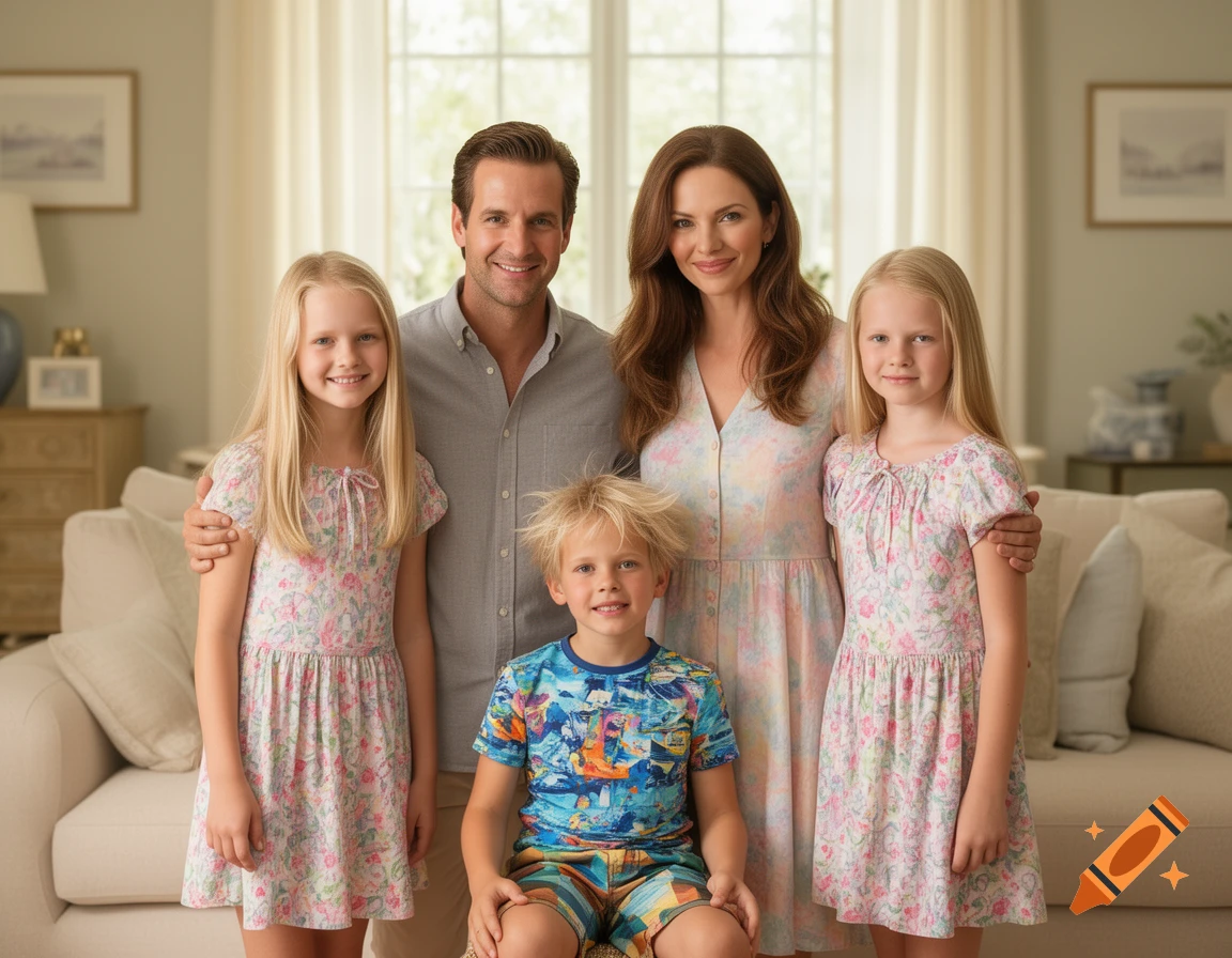 A smiling family of five, including two adults, two girls, and a boy, pose in a brightly lit living room.
