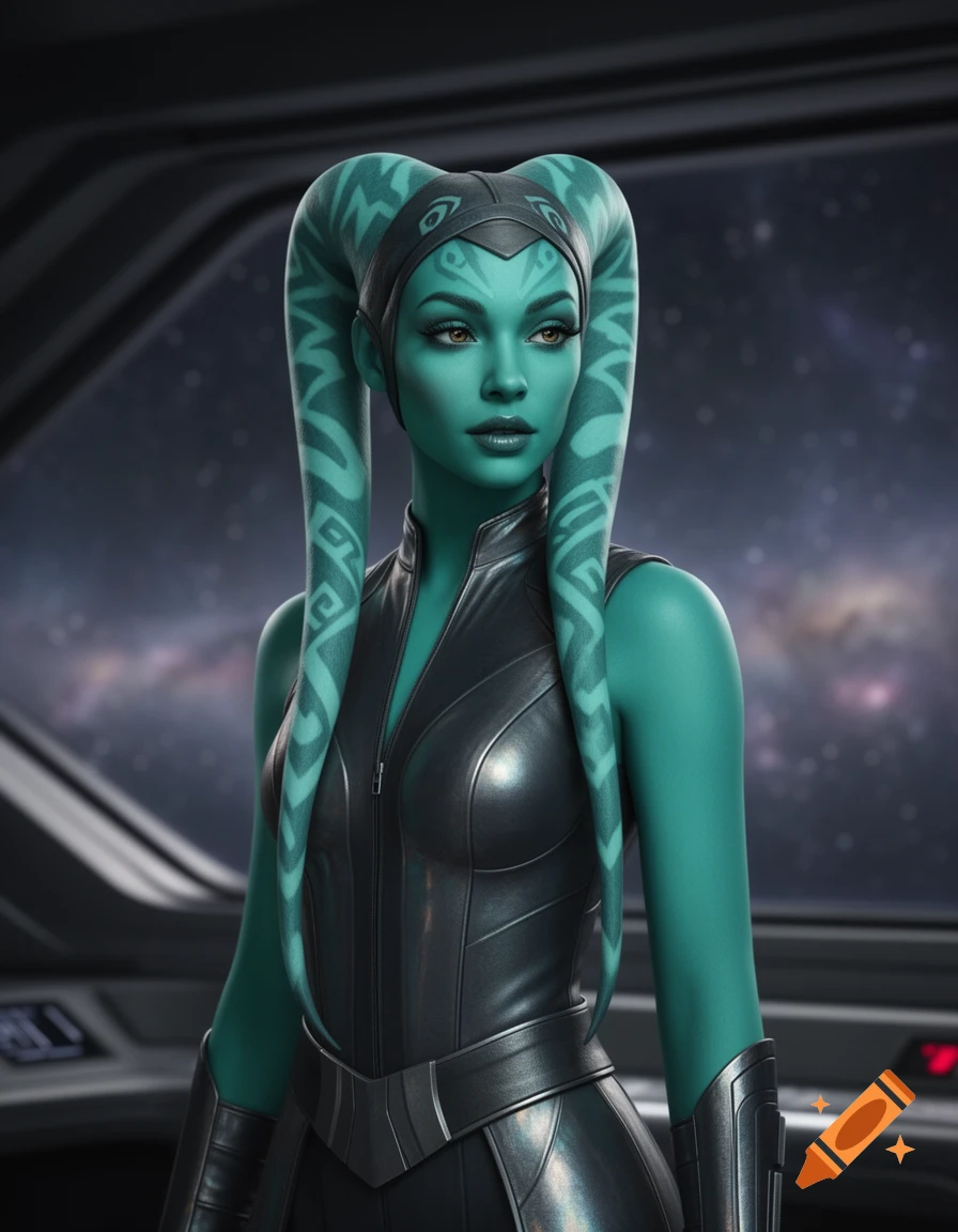 Photorealistic portrait of a teal-skinned Twi'lek woman in a black suit, standing inside a spaceship with a view of space.