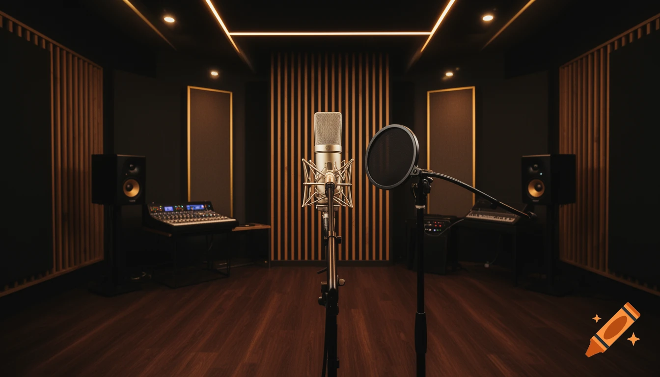 Photorealistic modern recording studio with a central microphone, pop filter, mixing console, speakers, wood panels, and warm lighting.