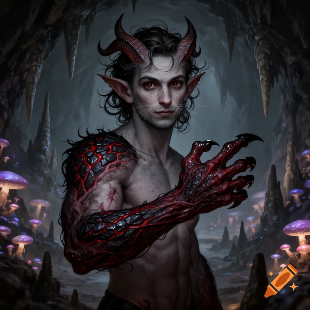 A dark fantasy portrait of a horned, elf-eared male with red eyes and a grotesque, clawed demonic arm, standing in a glowing mushroom cave.